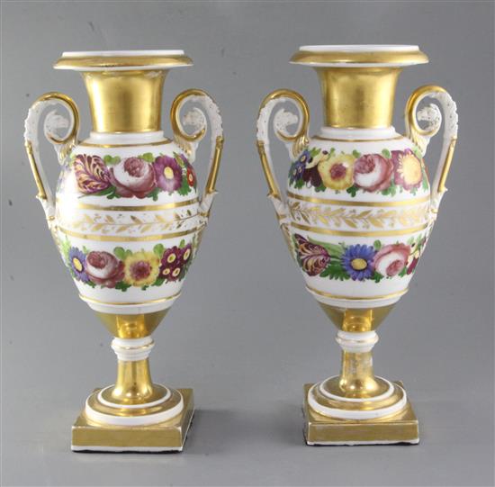 A pair of Paris gilt porcelain vases, 13.25in.